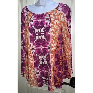 Chico's Sz 1 (MEDIUM) Mystic Batik Print Flare Sleeve Top Pink Orange Abstract
